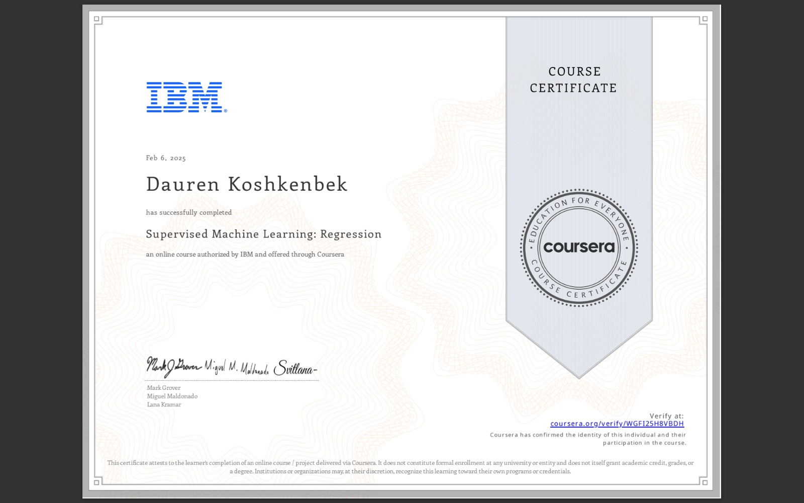 ML Regression Certificate